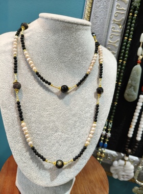 琛贝天然淡水珍珠黑玛瑙银曜石原创设计多用链毛衣链24k镀金保色