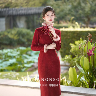 江南司造丨旗袍女新中式2025新款冬装加厚红色中长款高端大气气质