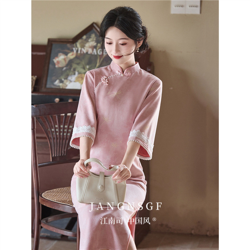 江南司造旗袍粉色麂皮绒