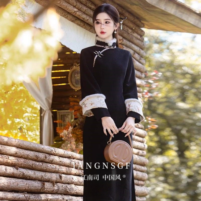 江南司造丨旗袍黑色加绒加厚2025冬季新中式改良高级感中国风