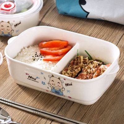 上班族微波炉专用分隔陶瓷饭盒可爱卡通学生带盖密封两格便当盒