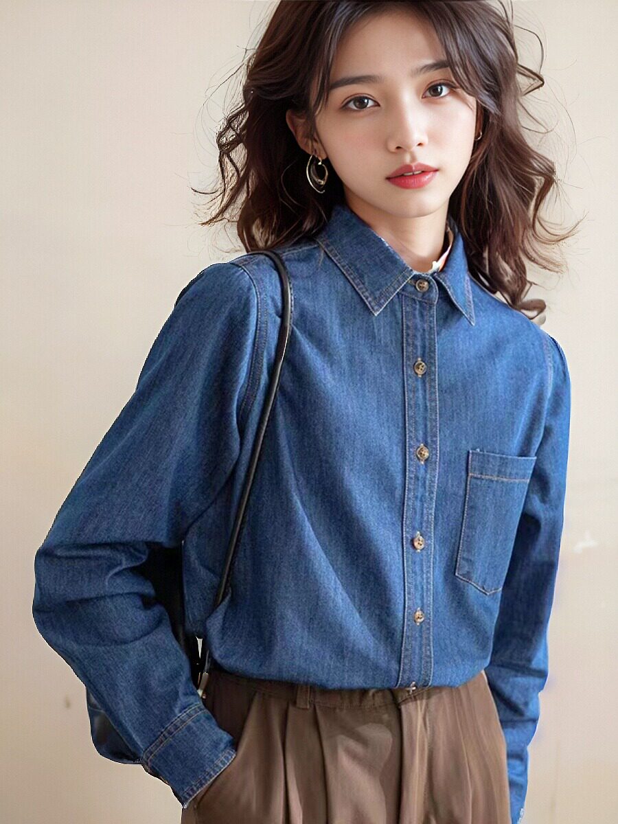 正肩长袖牛仔衬衫女2024春夏新款深蓝色复古内搭叠穿港风上衣外套