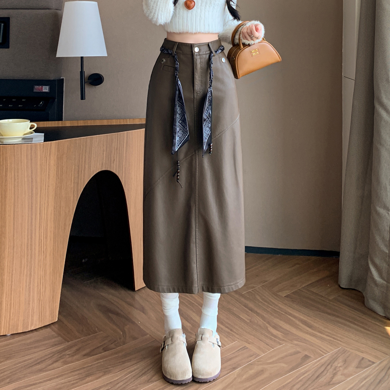 中长款PU皮裙半身裙高腰轻熟风修身开叉一步裙高端气质休闲包臀裙