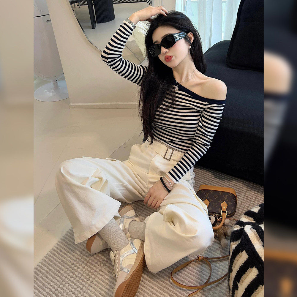 品牌折扣正品女装断码清仓特价不能退换欧货条纹斜领露肩长袖T恤