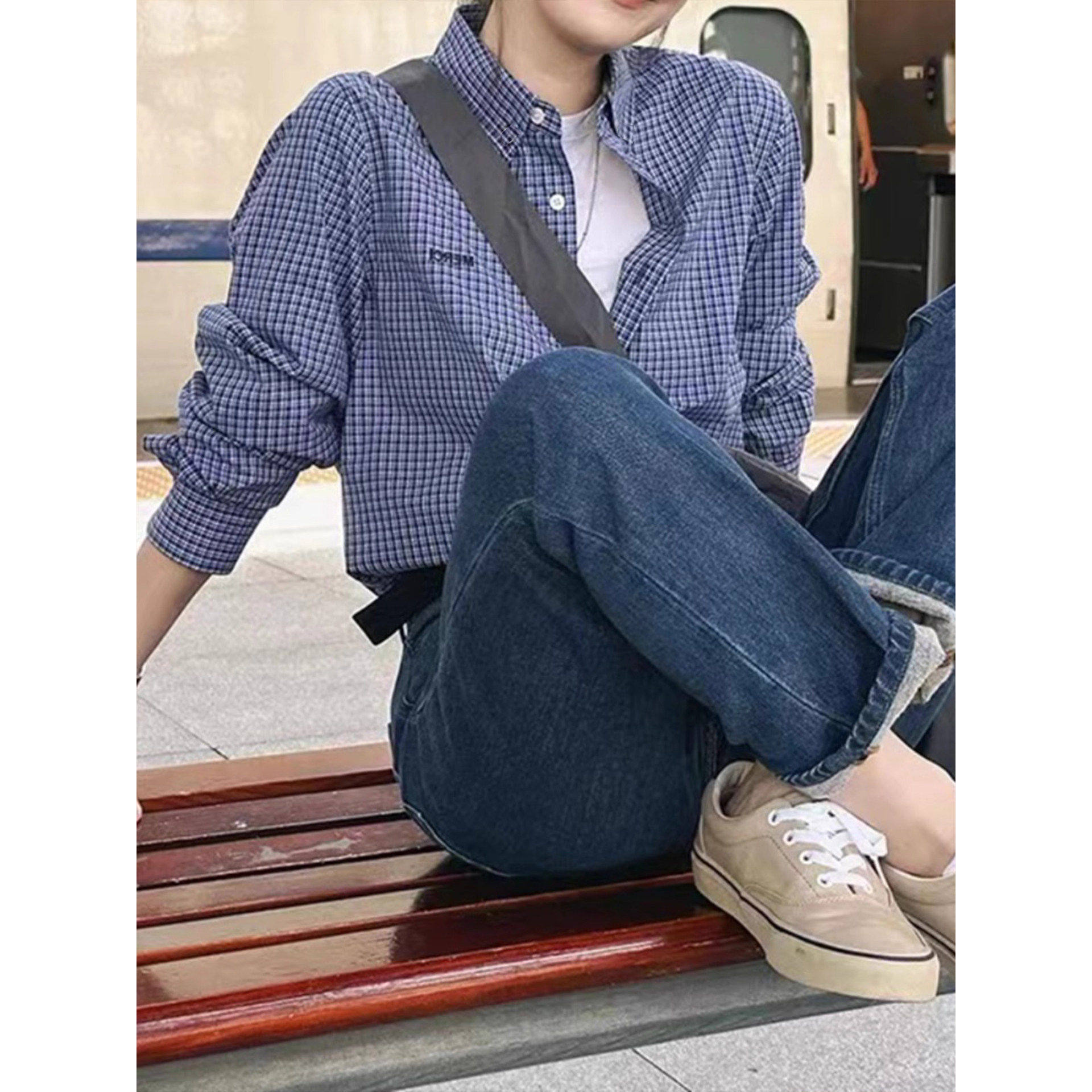 品牌折扣正品女装断码清仓特价不能退换蓝色格子衬衫女2026早秋新