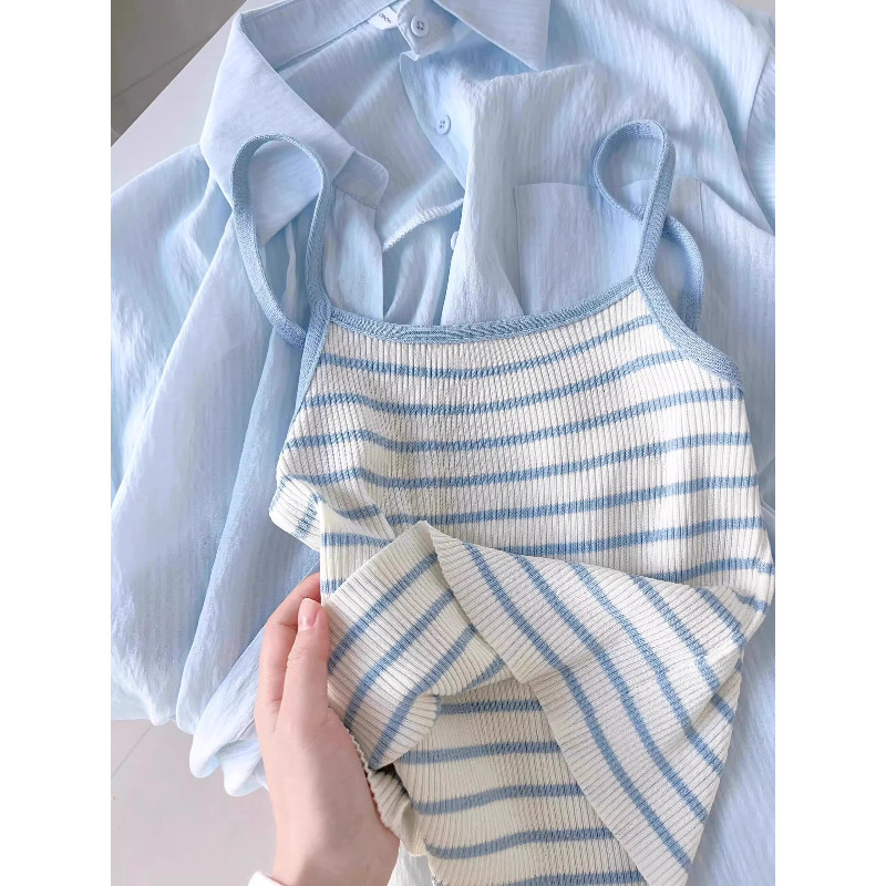 【品牌正品女装新品超级秒杀 不接受退换】蓝色条纹冰丝针织吊带