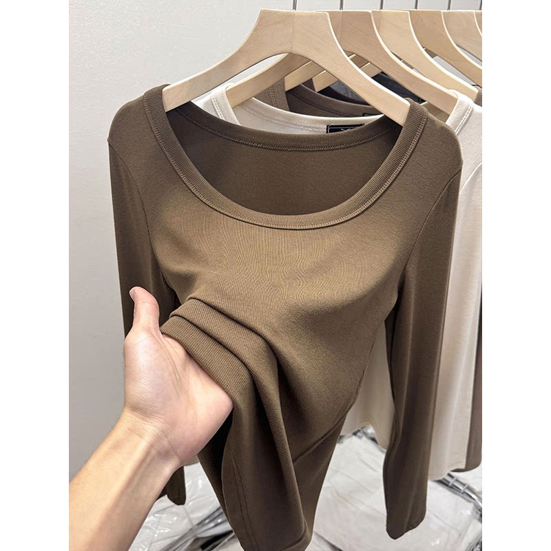 品牌折扣正品女装断码清仓特价不能退换咖色U领长袖T恤女秋季弹力