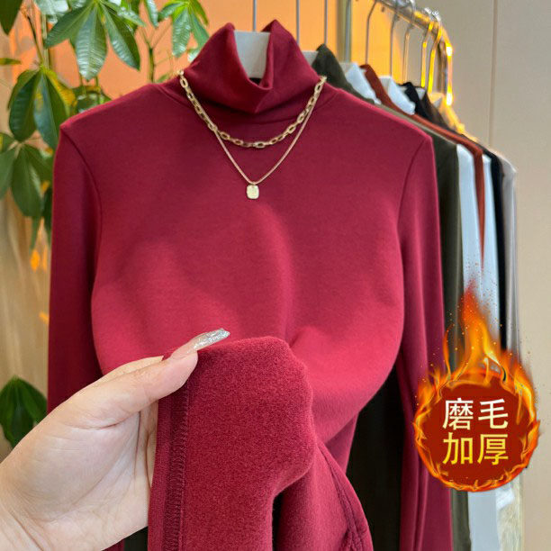 品牌折扣正品女装断码清仓特价不能退换酒红色高领加绒打底衫女秋