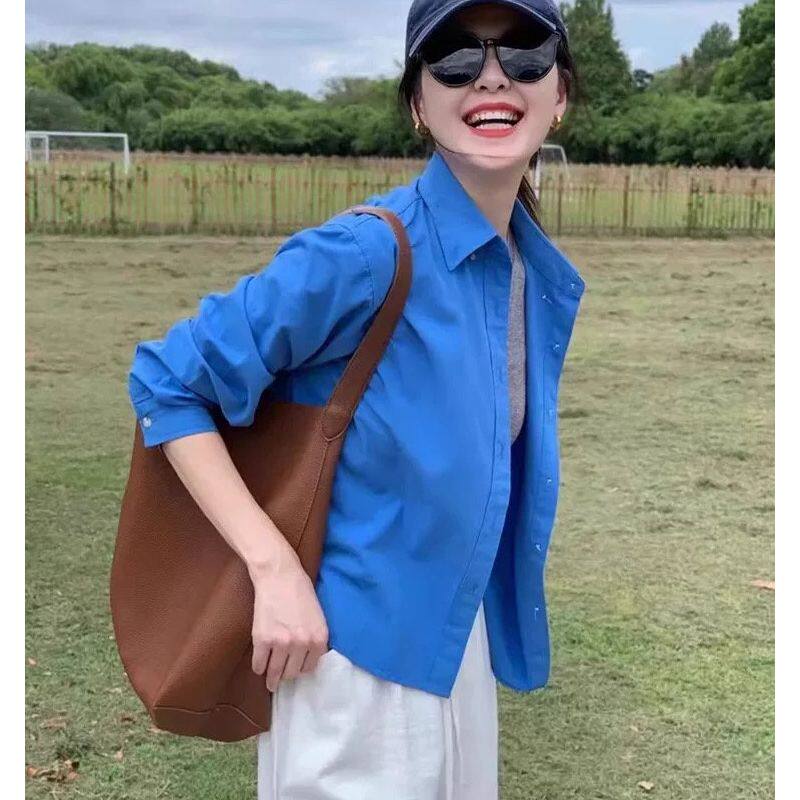 克莱因蓝长袖衬衫女秋季新款多巴胺显白小个子宽松衬衣