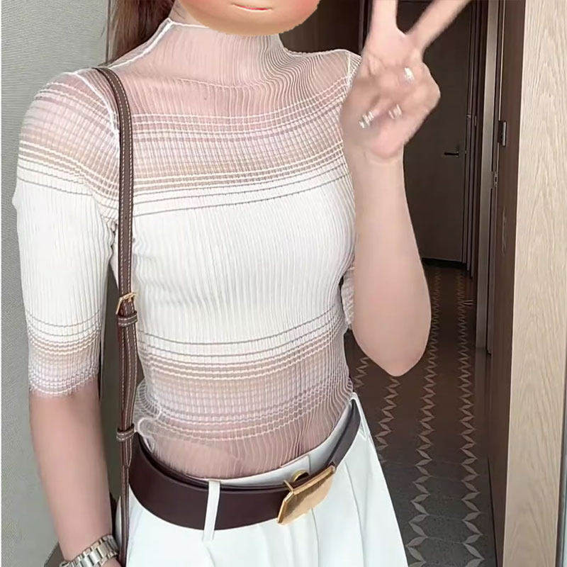品牌折扣正品女装断码清仓特价不能退换透视弹力网纱半高领针织衫