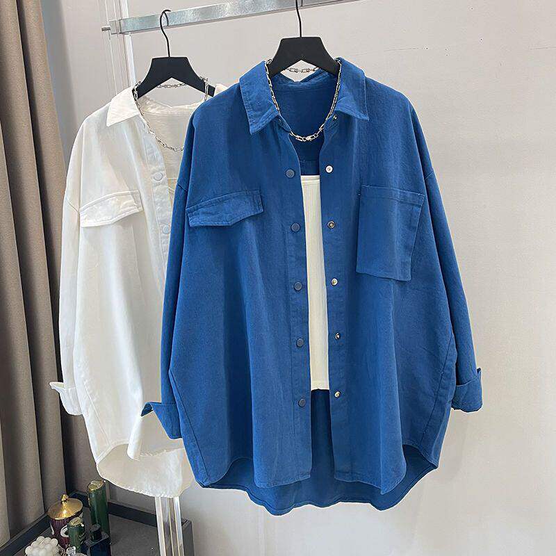 克莱因蓝长袖衬衫入秋女装新款大码宽松防晒棉麻上衣外套