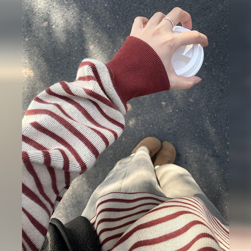 品牌折扣正品女装断码清仓特价不能退换红色条纹长袖t恤卫衣