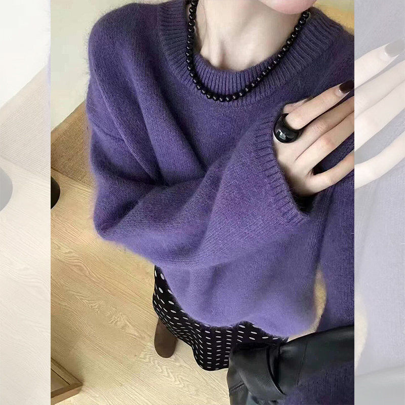 品牌折扣正品女装断码清仓特价不能退换紫色套头圆领毛衣女秋冬
