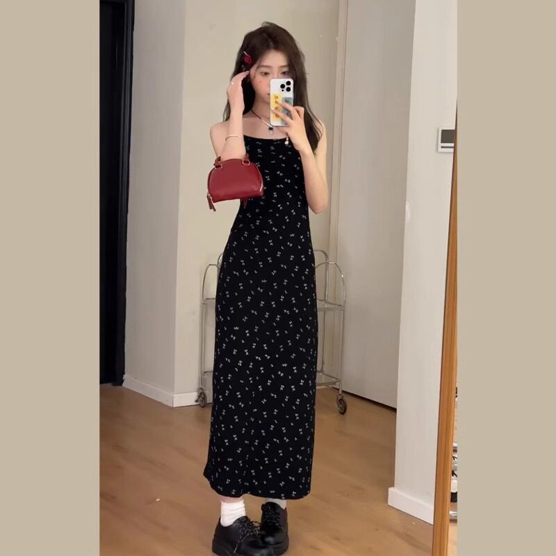 品牌折扣正品女装断码清仓特价不能退换法式黑色碎花吊带连衣裙子