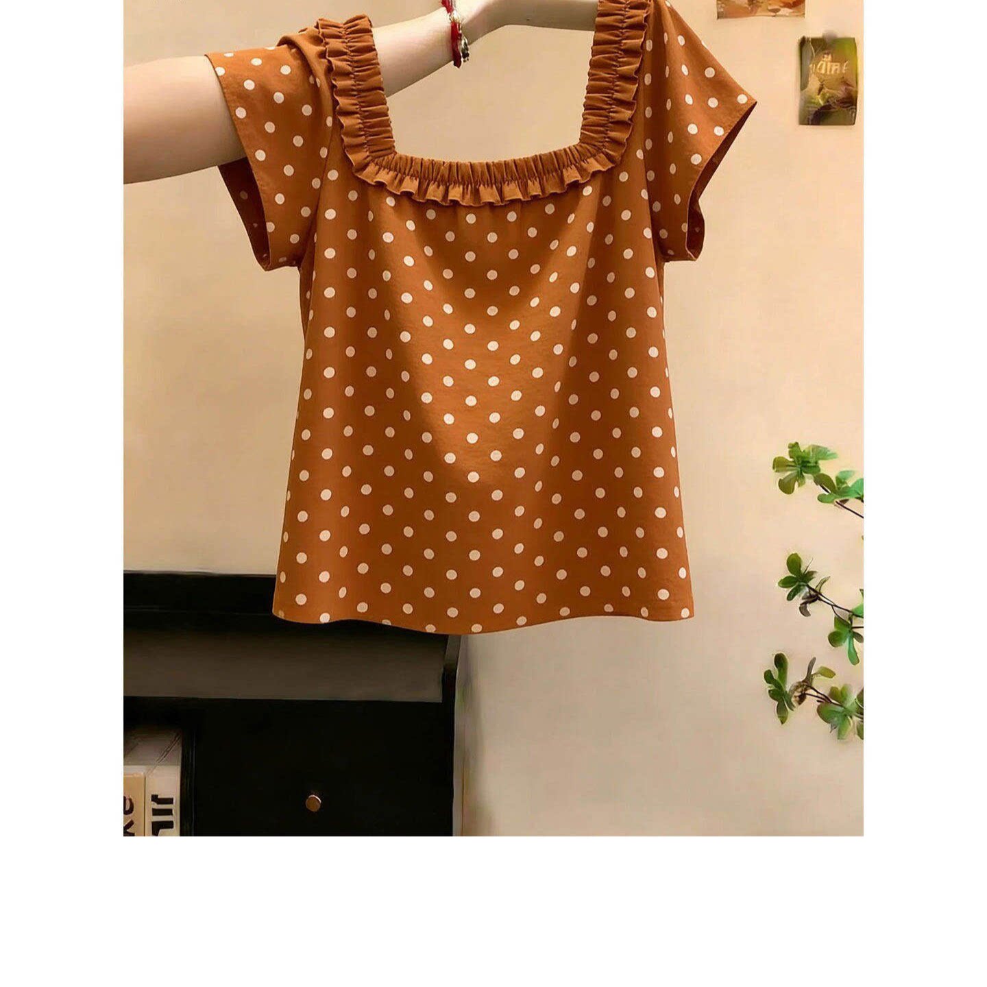 品牌折扣正品女装断码清仓特价不能退换橘色木耳边方领波点短袖T