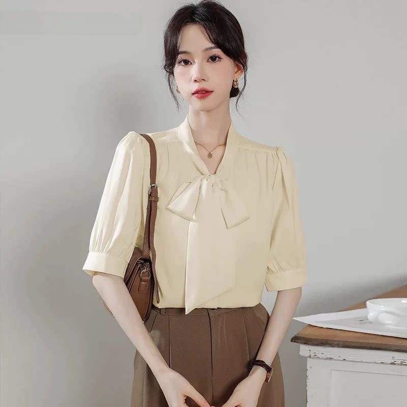 品牌折扣正品女装断码清仓特价不能退换蝴蝶结飘带短袖衬衫女夏季