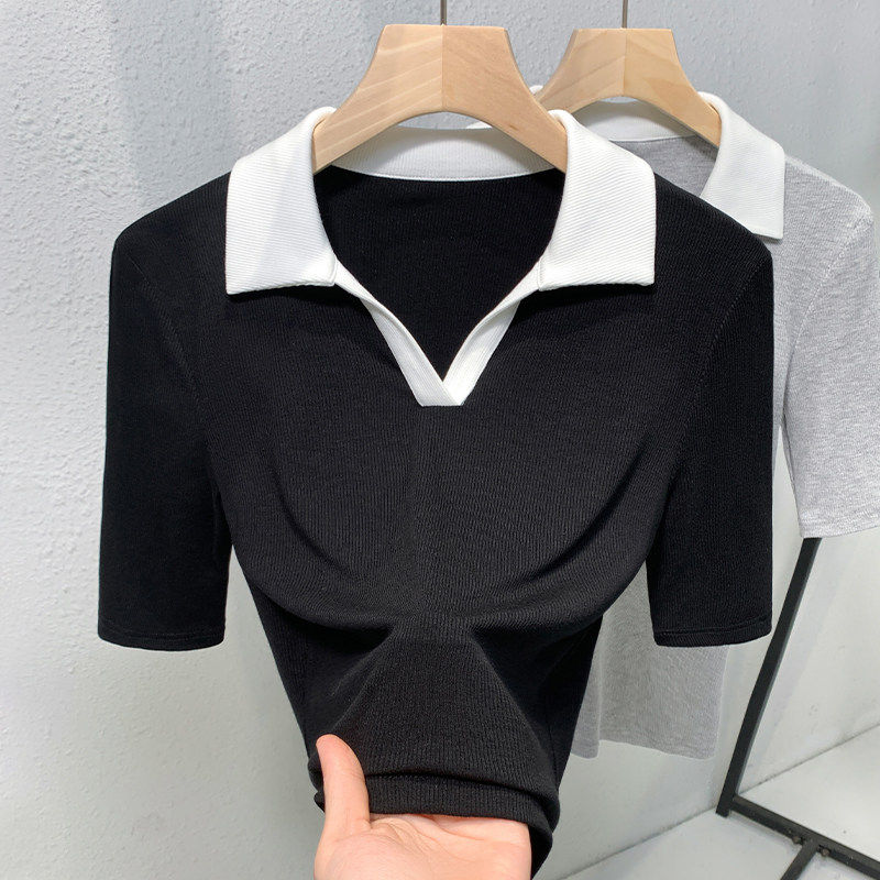品牌折扣正品女装断码清仓特价不能退换黑色polo领五分袖T恤女秋