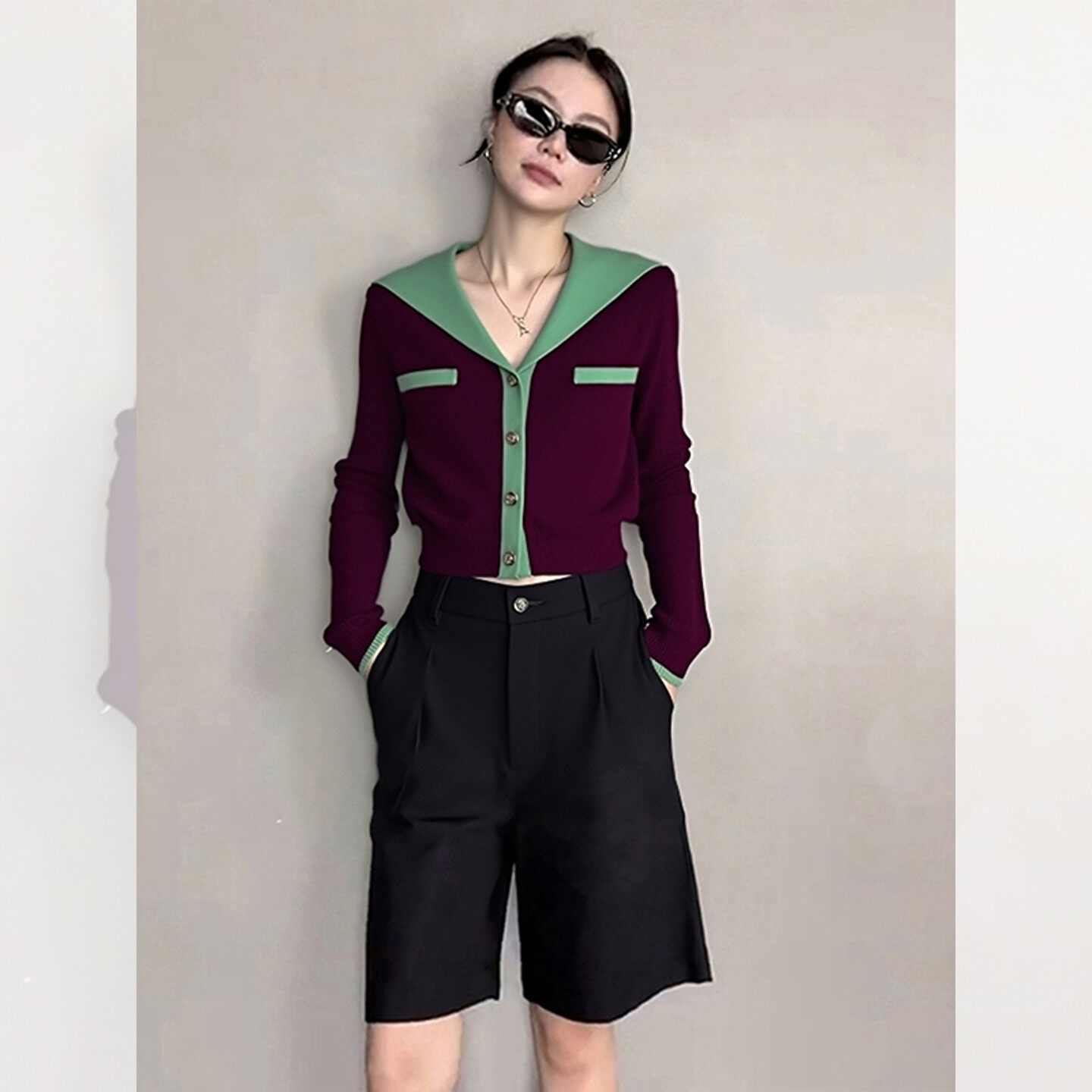 品牌折扣正品女装断码清仓特价不能退换撞色海军领针织开衫女秋