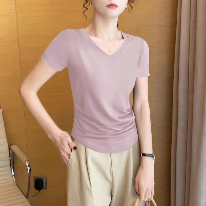 品牌折扣正品女装断码清仓特价不能退换咖色莫代尔v领短袖t恤女夏