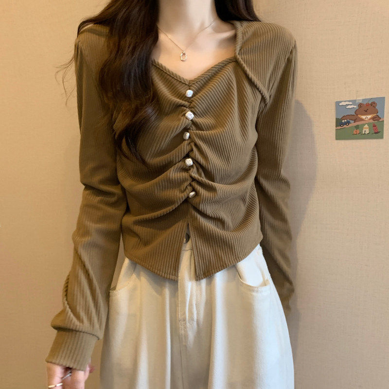 品牌折扣正品女装断码清仓特价不能退换V领长袖T恤女秋季新款显瘦