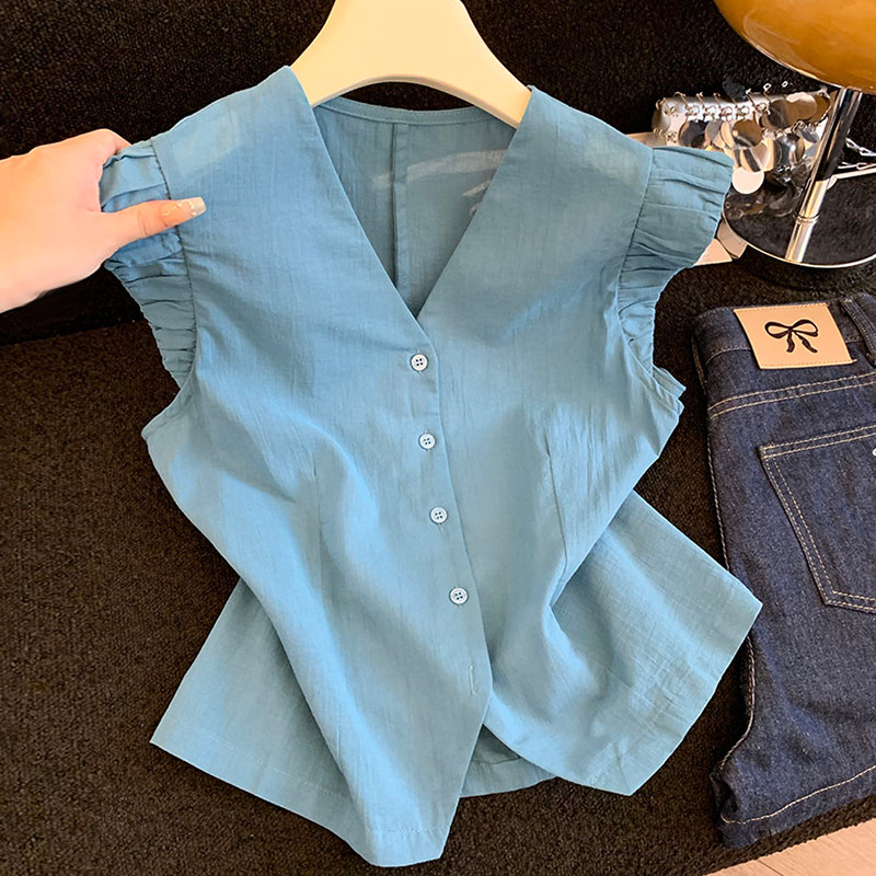 品牌折扣正品女装断码清仓特价不能退换韩系V领飞袖衬衫马甲背心