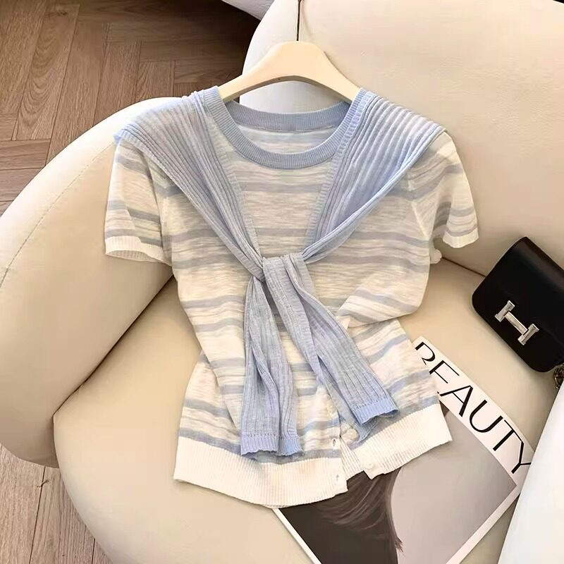 品牌折扣正品女装断码清仓特价不能退换条纹披肩针织短袖T恤女夏