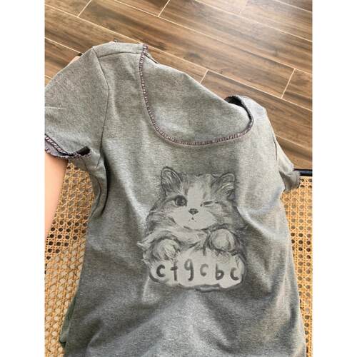 品牌折扣正品女装断码清仓特价不能退换欧货灰色大领口猫咪短袖t