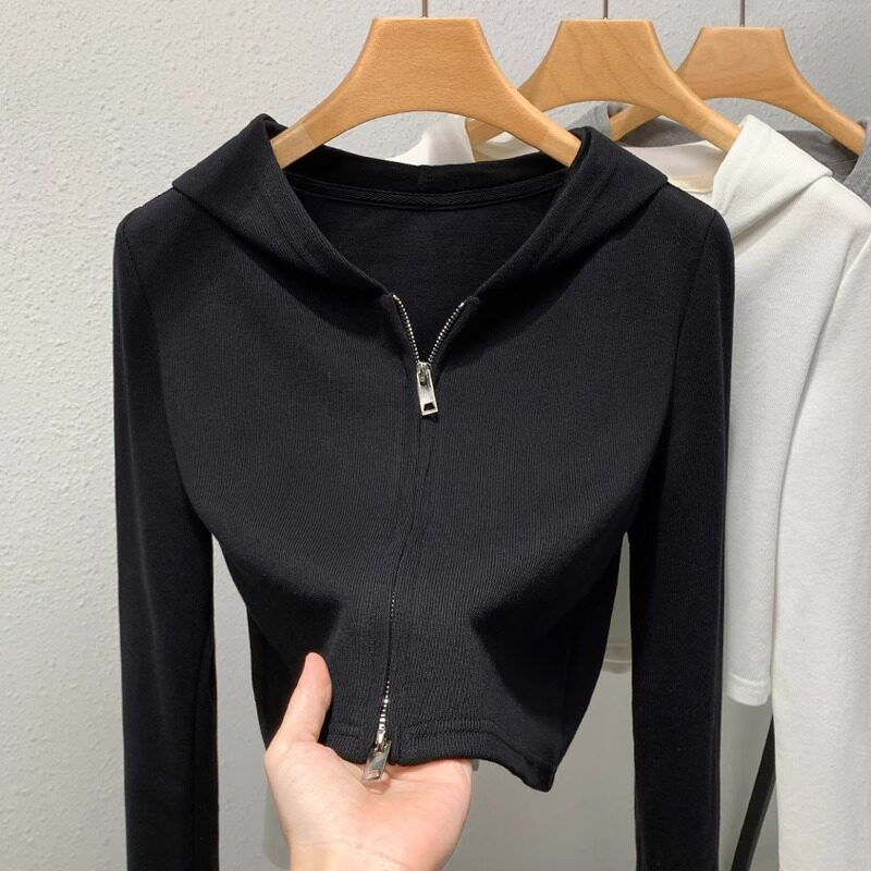 品牌折扣正品女装断码清仓特价不能退换黑色双头拉链连帽卫衣
