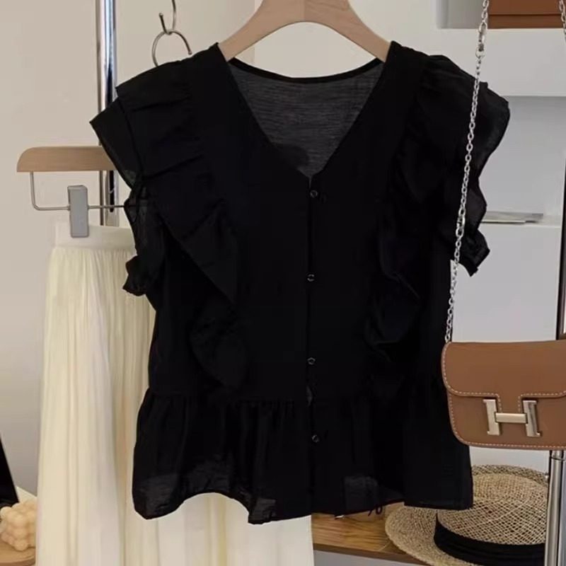 品牌正品女装衣服断码特价清仓 不退换-欧货黑色V领无袖T恤女夏季