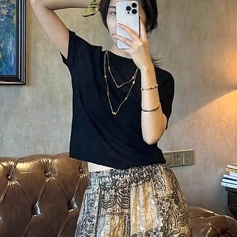 品牌折扣正品女装断码清仓特价不能退换黑色宽松短袖T恤女穿配阔