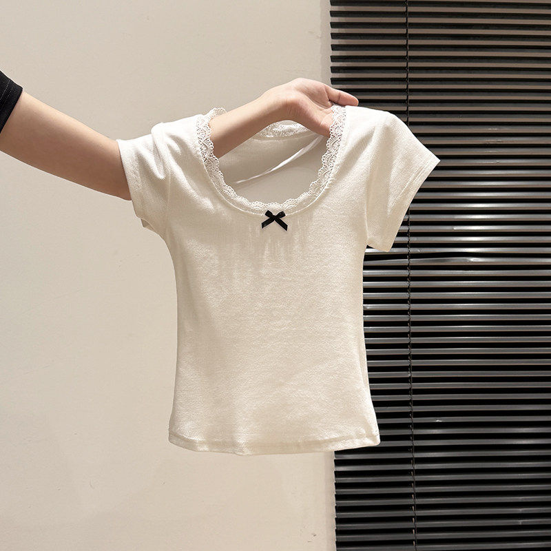 品牌折扣正品女装断码清仓特价不能退换白色蕾丝蝴蝶结U领短袖T恤