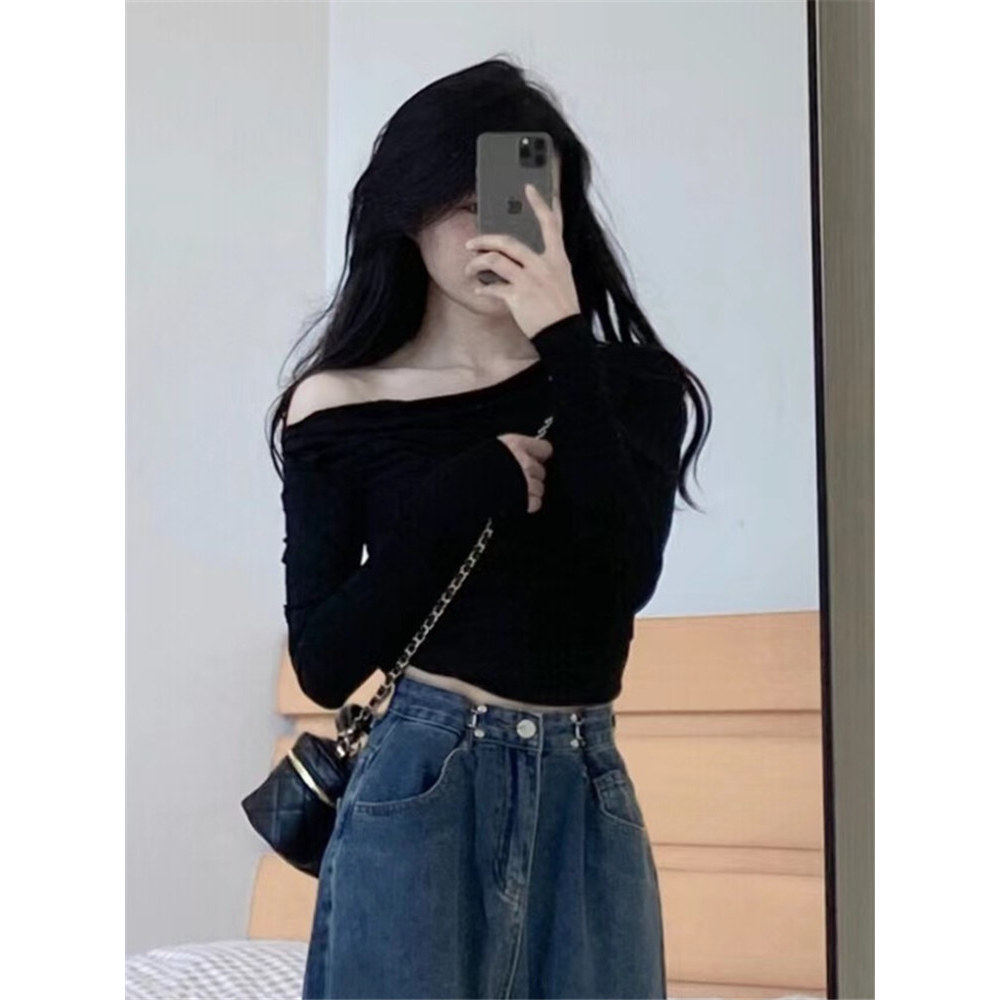 品牌正品女装衣服断码特价清仓 不退换-黑色一字领长袖T恤女秋季