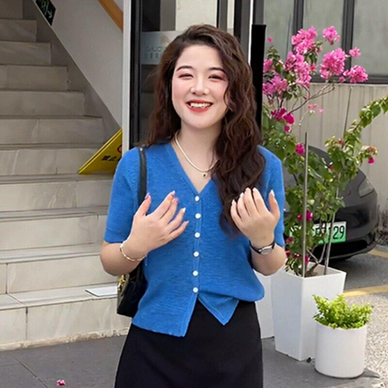 品牌折扣正品女装断码清仓特价不能退换高级感御姐范蓝色针织短袖