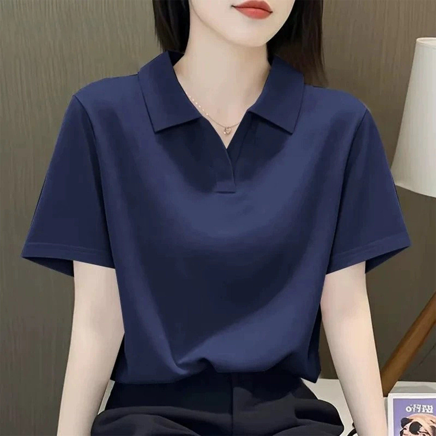 品牌折扣正品女装断码清仓特价不能退换藏青色翻领正肩短袖T恤女