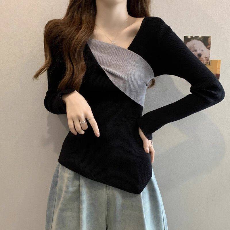 品牌折扣正品女装断码清仓特价不能退换V领针织长袖T恤女秋季修身