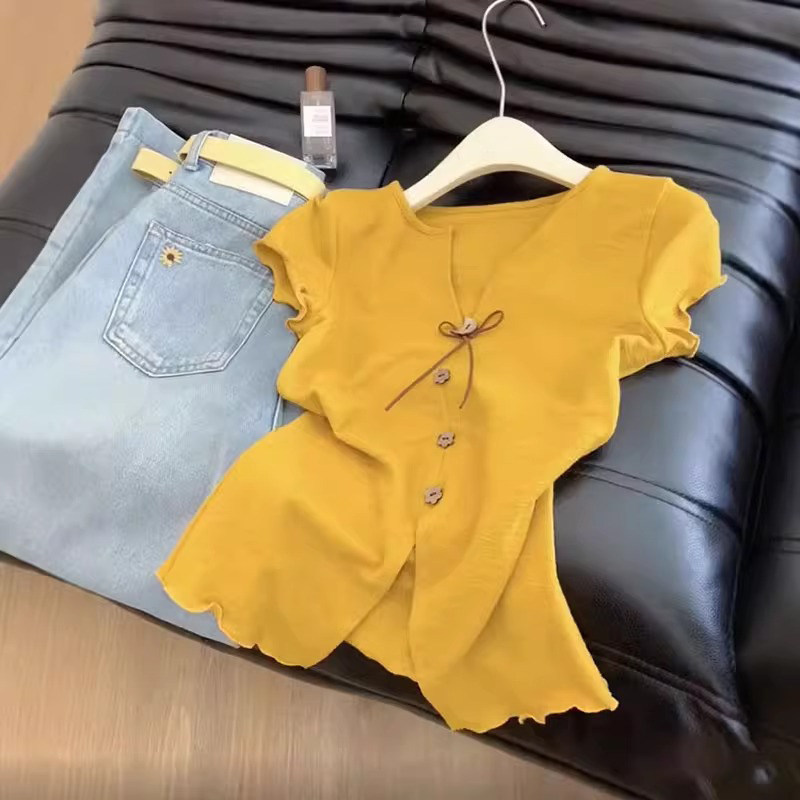 品牌折扣正品女装断码清仓特价不能退换法式姜黄色V领正肩短袖t恤
