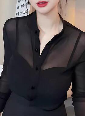 品牌折扣正品女装断码清仓特价不能退换赫本风黑色微透长袖衬衫