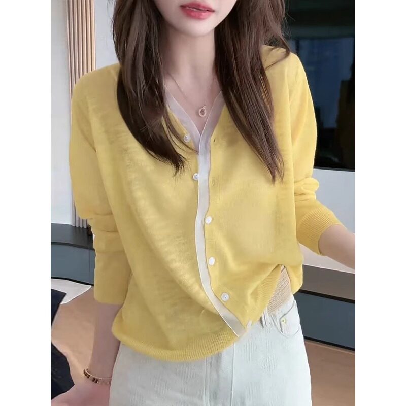 品牌折扣正品女装断码清仓特价不能退换竹节麻鹅黄色针织开衫女