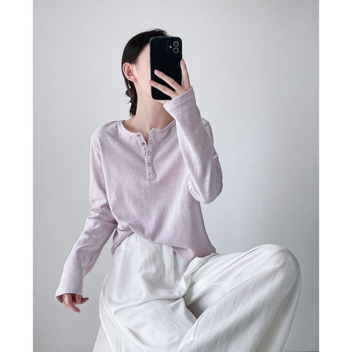 品牌折扣正品女装断码清仓特价不能退换亨利领正肩长袖T恤女秋季