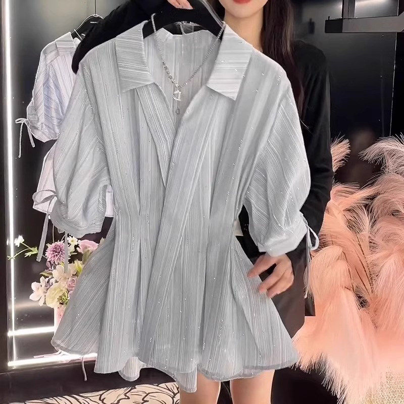 品牌折扣正品女装断码清仓特价不能退换蓝色重工镶钻条纹衬衫女夏