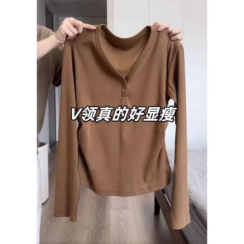 品牌折扣正品女装断码清仓特价不能退换黑色不规则v领打底衫女秋