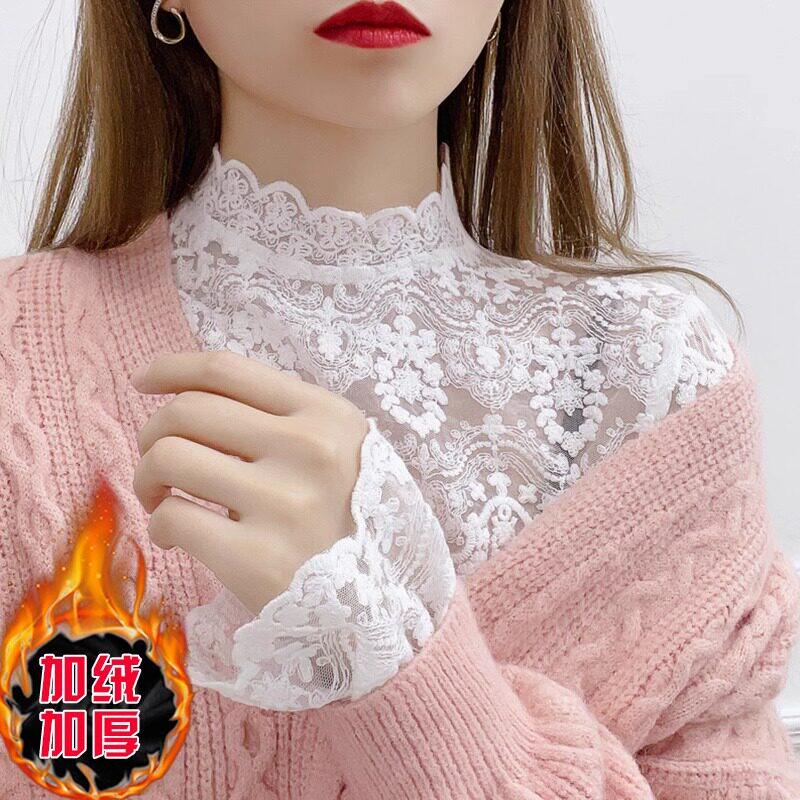 品牌折扣正品女装断码清仓特价不能退换白色半高领蕾丝打底衫女秋