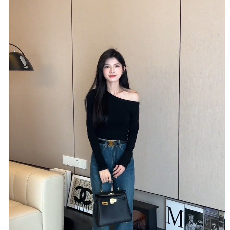 品牌折扣正品女装断码清仓特价不能退换黑色斜领露肩长袖T恤女秋