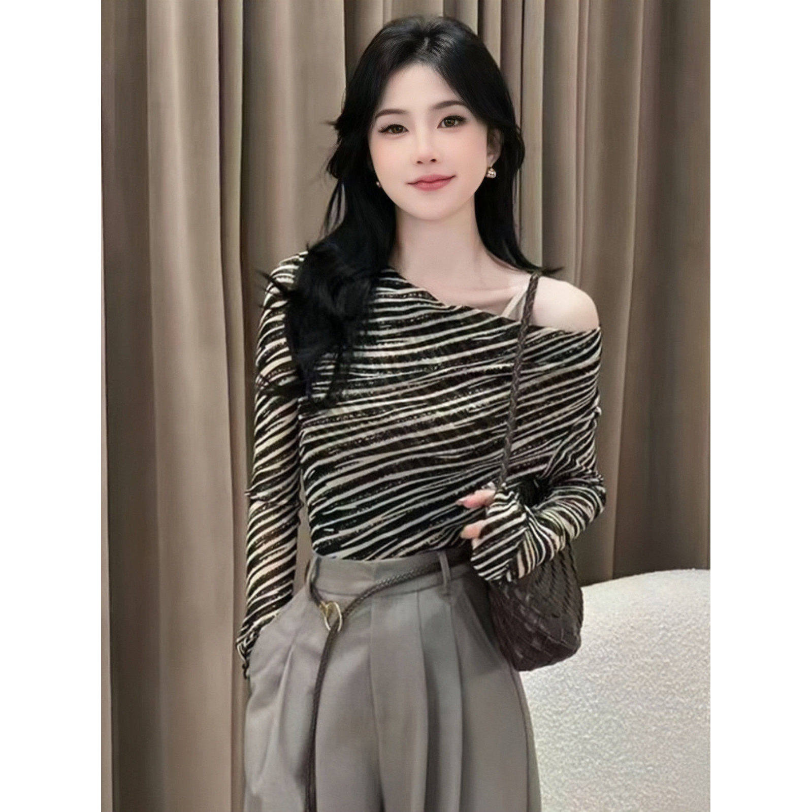 品牌折扣正品女装断码清仓特价不能退换小香风斜肩条纹打底衫女
