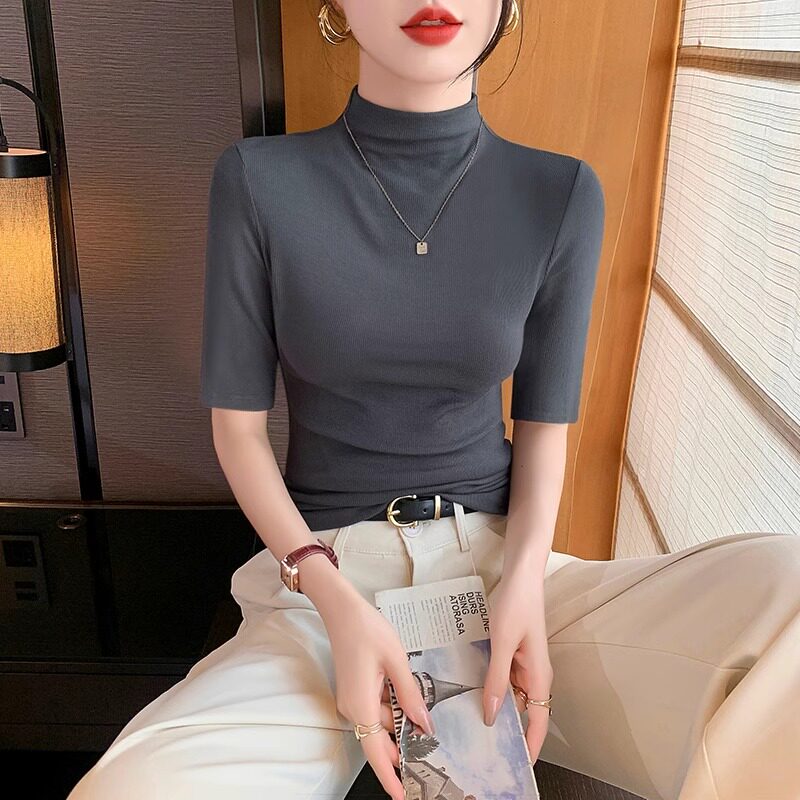 品牌折扣正品女装断码清仓特价不能退换灰色半高领中袖t恤女打底