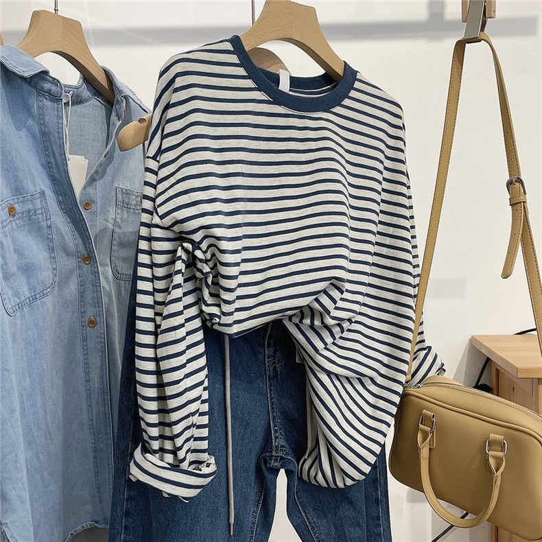 品牌正品女装衣服断码特价清仓 不退换-蓝色条纹圆领长袖T恤女秋