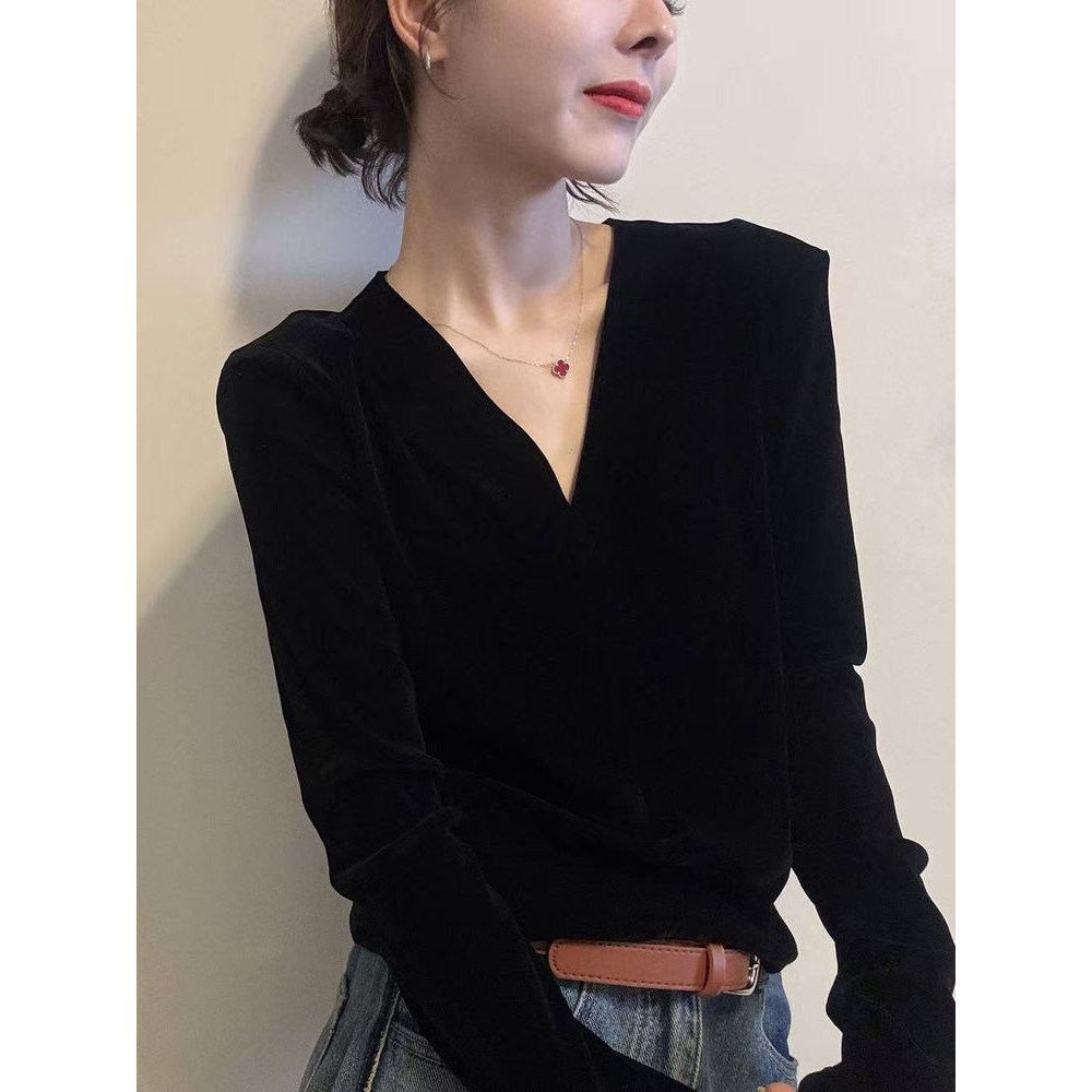 品牌正品女装衣服断码特价清仓 不接受退换-欧货V领丝绒长袖T恤女