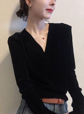 品牌女装衣服断码特价 不接受退换-欧货V领丝绒长袖T恤女
