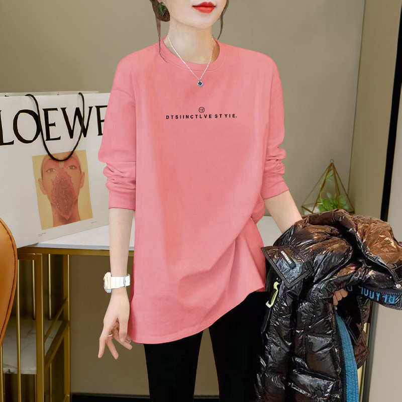 品牌折扣正品女装断码清仓特价不能退换粉色中长款长袖t恤女秋冬