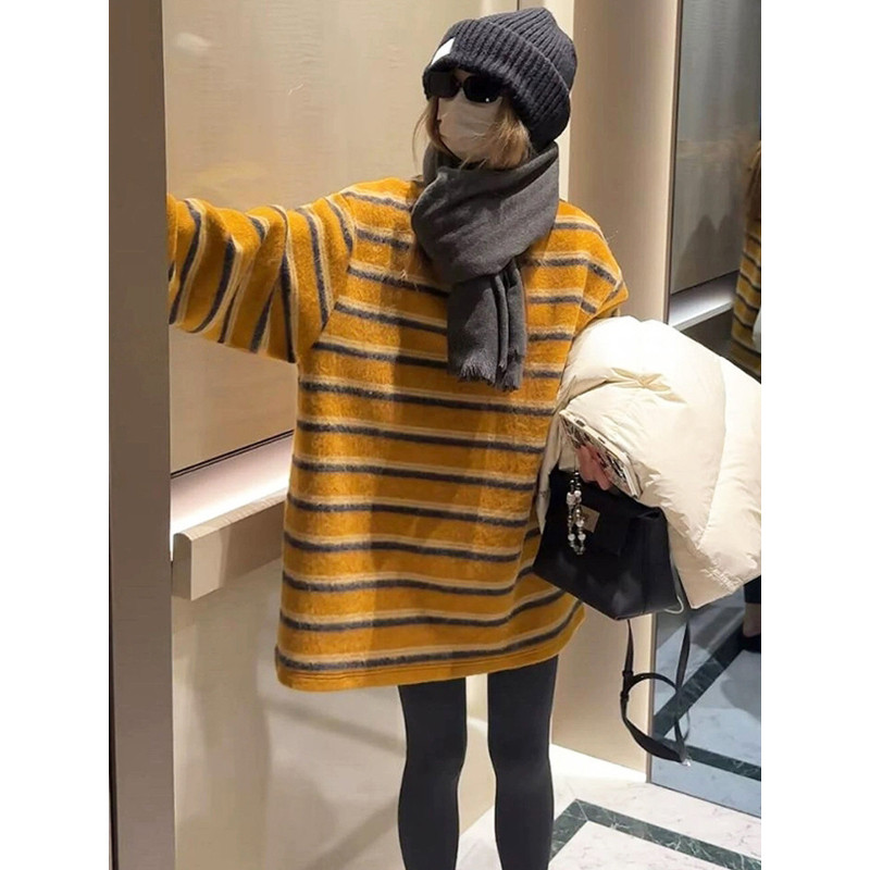 品牌正品女装衣服断码特价清仓 不接受退换-中长款条纹加绒打底衫